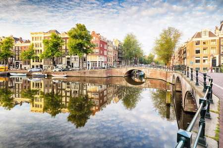 Amsterdam Canal houses  vibrant reflections, Netherlands, panoramaのeditorial素材