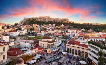 Athens, Greece -  Monastiraki Square and ancient Acropolisのeditorial素材