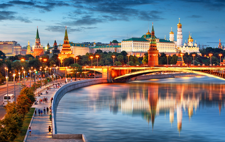 Moscow Kremlin at night, Russia with riverの写真素材