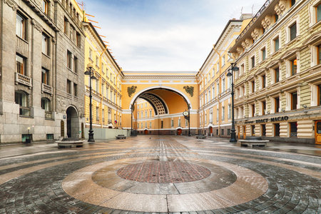 Passage in Arch of General Staff Building on Bolshaya Morskaya Street to Palace Square in Saint Petersburg, Russiaのeditorial素材