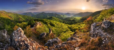 Mountain landscape panorama at spring at sunsetの写真素材