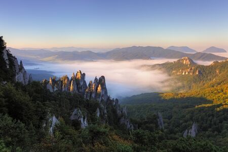 Sunrine autumn landscape in Slovakia rock, Sulovの写真素材