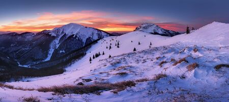 Winter frozen mountain panorama landscape in Slovakia, near Terchovaの写真素材