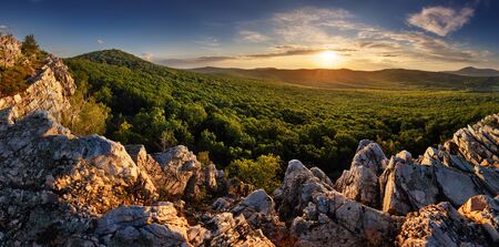 Sunset landscape panorame with spring forest - Tribec, Slovakia