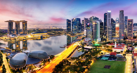 Skyscrapers of Singapore skyline at the beautiful sunset, aerial panoramaのeditorial素材