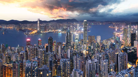 Hong Kong skyline at night, Chinaの写真素材