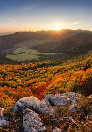Autumn mountain landscape at sunsetの写真素材