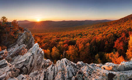 Colorful autumn landscape in the mountains with red forest, Sunsetの写真素材