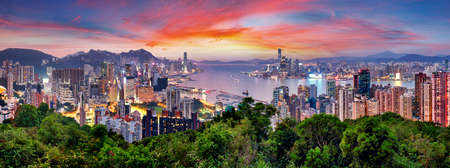 Hong Kong - Victoria harbour at sunset, panoramaの写真素材