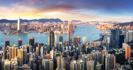 China - Hong Kong skyline at sunsetの写真素材