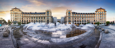 Panoramic view of Karlstor Gate and Karlsplatz Square during dramatic sunrise, Munich, Germanyのeditorial素材