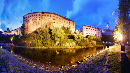 Panorama of castle Cesky Krumlov at night with Vltava, Czech republicのeditorial素材