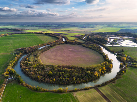 Aerial view of small Danube river, Slovakiaの写真素材