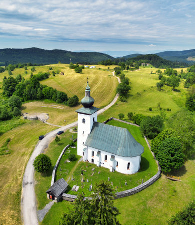 Aerial view of the church, the Slovak geographical center of Europe in the locality of Kremnicke Bane in Slovakiaの写真素材
