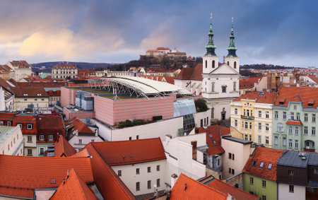 Panorama of Brno skyline with castle Spilberg, main square and cathedral Petrov at dramatic sunset. Czech Republicの写真素材