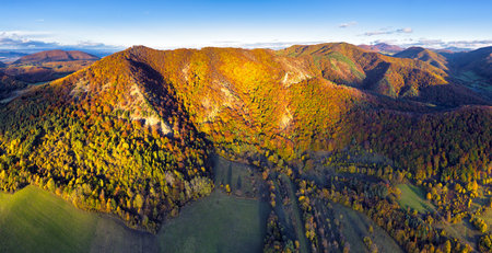 Drone mountain panorama with autumn forest.の写真素材
