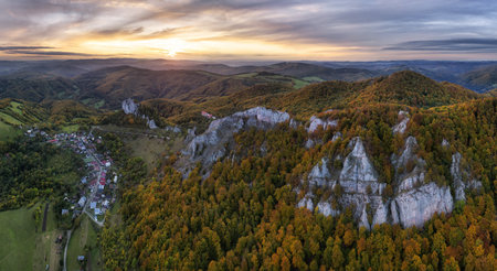Aerial view on Vrsatecke Bradla at sunset, Slovakia autumn landscapeの写真素材