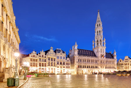 Night scene of the Grand Place, the focal point of Brussels, Belgium.の写真素材