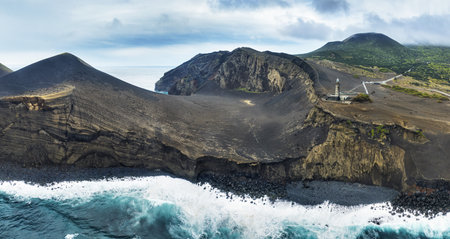 Volcano dos Capelinhos on the island Faial from drone, Panoramic view, Azoresの写真素材