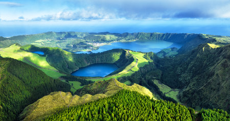 Beautiful lake of Sete Cidades from drone, Azores, Portugal Europeの写真素材