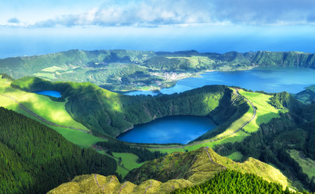 Beautiful lake of Sete Cidades from drone, Azores, Portugal Europeの写真素材