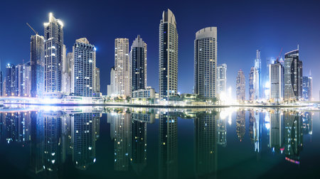 Dubai at night, Marina canal skyline panorama, UAEの写真素材
