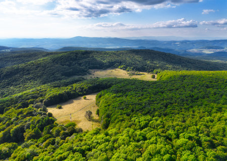 Drone view of rock in green forest of hill in Slovakia mountain Pohronsky Inovecの写真素材
