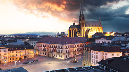 Old Town with Christmas Market and Cathedral of St. Peter and Paul in Brno, Czech Republic as Seen from City Hall Tower at sunsetの写真素材
