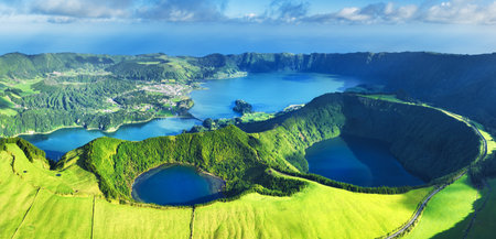 Aerial view of famous Lagoa das Sete Cidades lake in Azores, Sao Miguelの写真素材