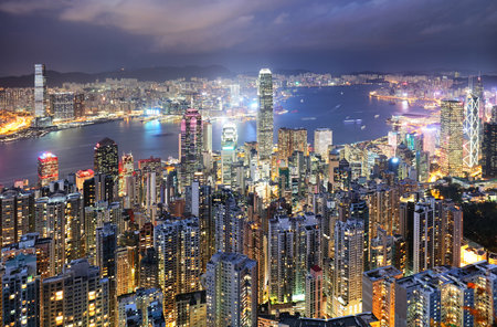 Hong Kogn downtown and building at night, Chinaの写真素材