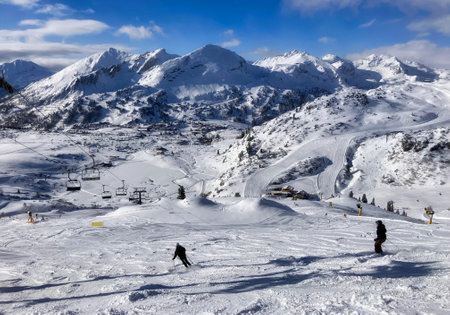 View of ski slope in Obertauern resort, Austria. Mountain winter panorama landscape in Alps.の写真素材