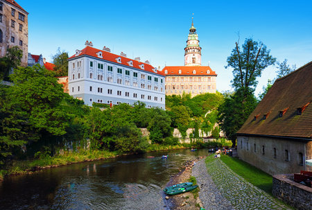 Czech republic - Cesky Krumlov city with church and castleの写真素材