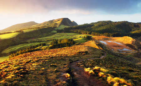Volcanic landscape in Sete Cidades in Azores at sunriseの写真素材