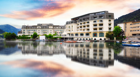 Zell am See old town pier and Zell Lake. It is the administrative capital in the state of Salzburg, Austriaの写真素材