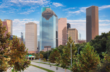 Houston skyline at day with bridge, USA - Texasの写真素材