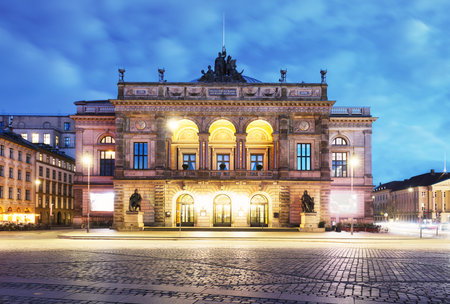 Royal Danish Theatre in Kongens Nytorv, Copenhagen at night, nobody, Denmarkの写真素材