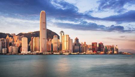 Hong Kong skyline from kowloon, panorama at sunrise, China - Asiaの写真素材
