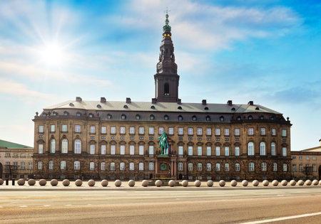 Copenhagen, Denmark with Christianborg palace with sun, Danish Parliament and city downtown.の写真素材