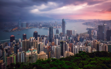 Dramatic sunrise of Hong Kong, China - panorama skylineの写真素材