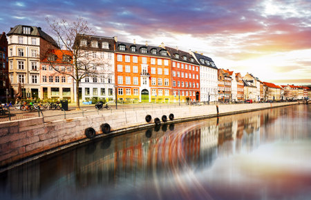 Copenhagen at dramatic sunrise. Nybrogade, gammel strand, slotsholmskanal.の写真素材