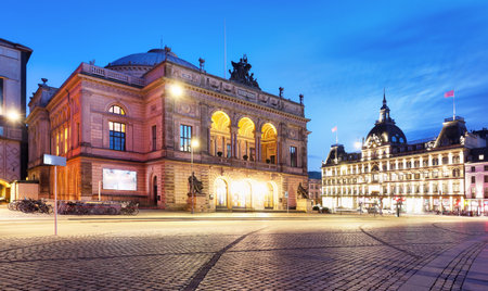 Royal danish theatre in Copenhagen during twilight hour, Denmarkの写真素材