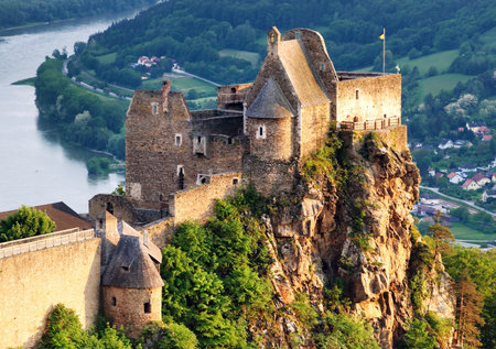 Old castle ruins with the view to Danube river valley. Aggstein, Austria, Wachau valley, popular travel destination.の写真素材
