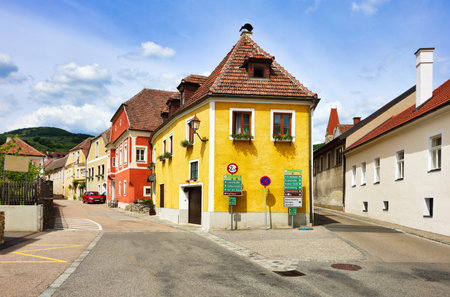 Historic square in Weissenkirchen, town in Wachau valleyの写真素材