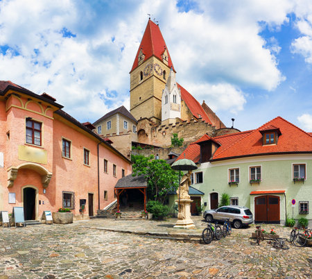 Historic village Weissenkirchen located in wine - growing area, Lower Austria landscapeの写真素材