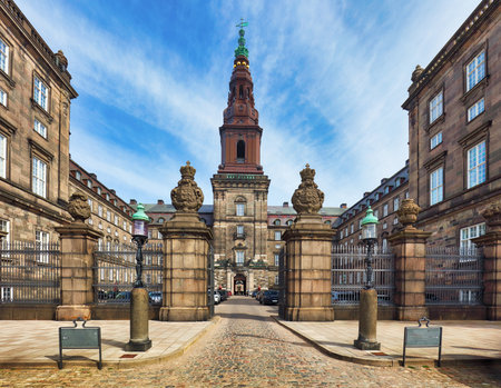 Copenhagen, Denmark with Christianborg palace, Danish Parliament and city downtown.の写真素材