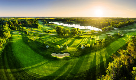 Aerial view of green grass and trees on a golf fieldの写真素材