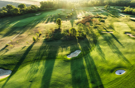 Golf course at sunset with beautiful sky and sand trap. Scenic panoramic view of golf fairway with bunker from droneの写真素材