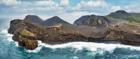 Aerial view Capelinhos volcano, lighthouse of Ponta dos Capelinhos coast on Faial islandの写真素材