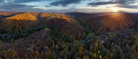 Drone panorama of autum forest mountain at sunset in Slovakia, Bratislavaの写真素材