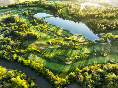 Aerial view drone shot of beautiful green golf field. Banner panorama backgroundの写真素材